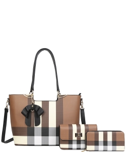 3in1 Plaid Tote Bag W Crossbody and Wallet Set LM-8093-S BLACK